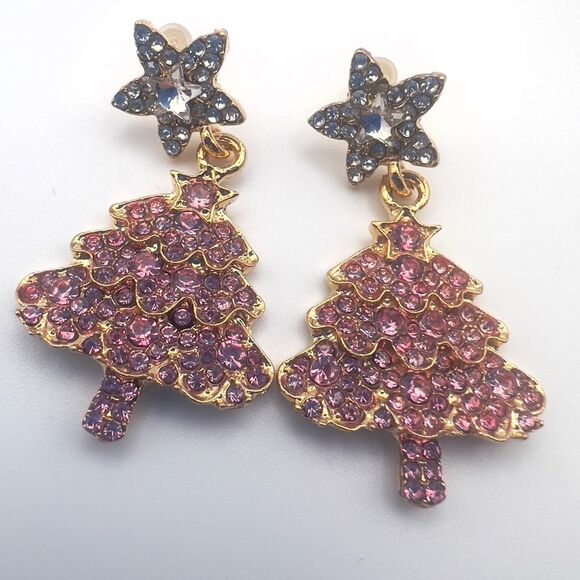 Elegant Gold and Pink Star Christmas Tree Earrings - Picture 4 of 8